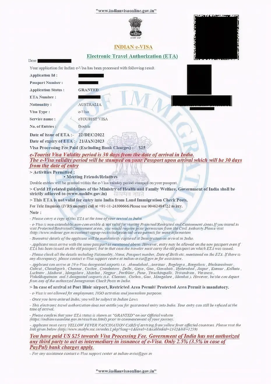 India Electronic Travel Authorization sample reference