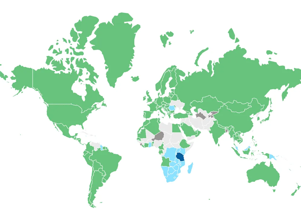 World map highlighting countries needing a Tanzania eVisa