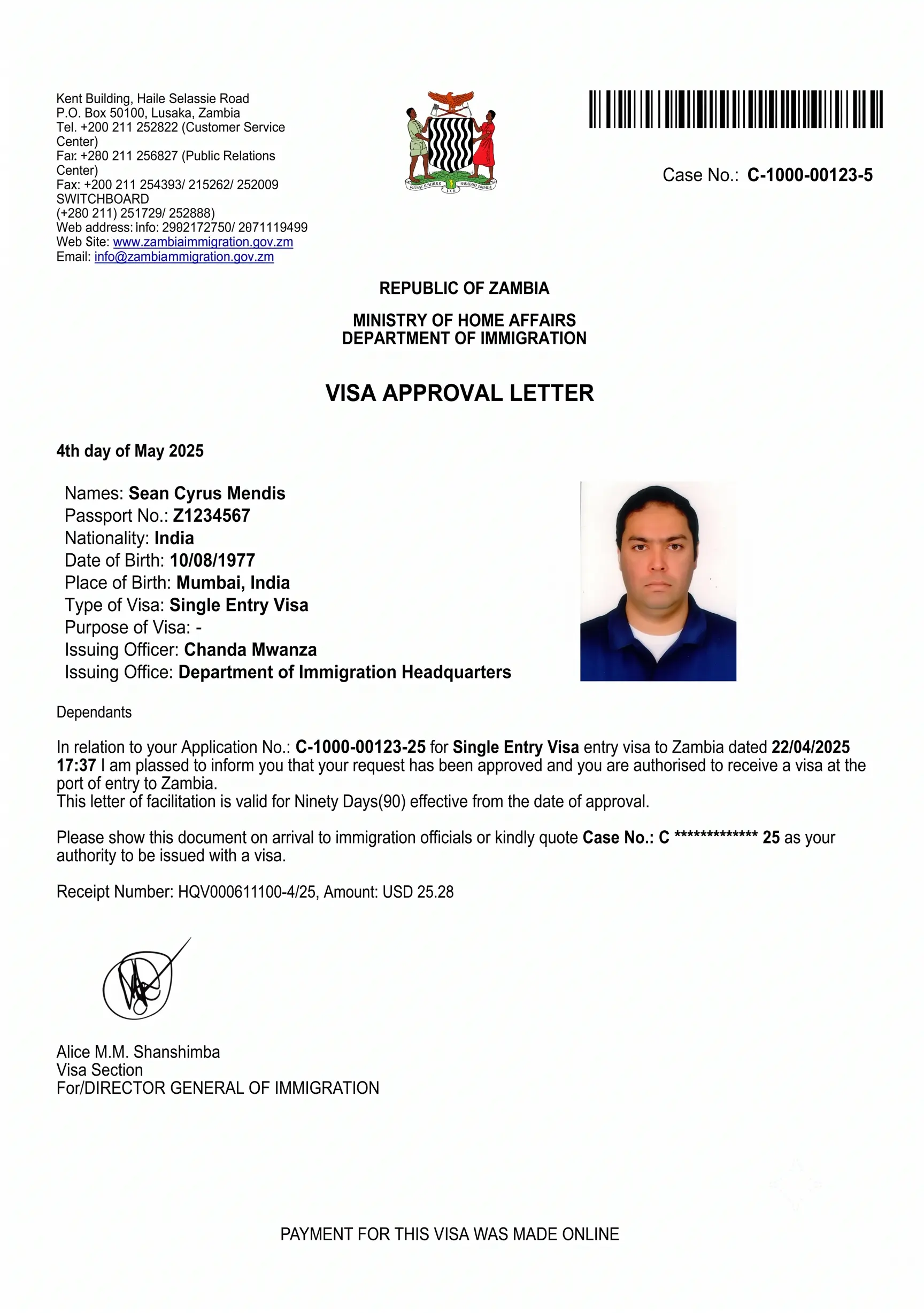 Zambia e-Visa sample reference